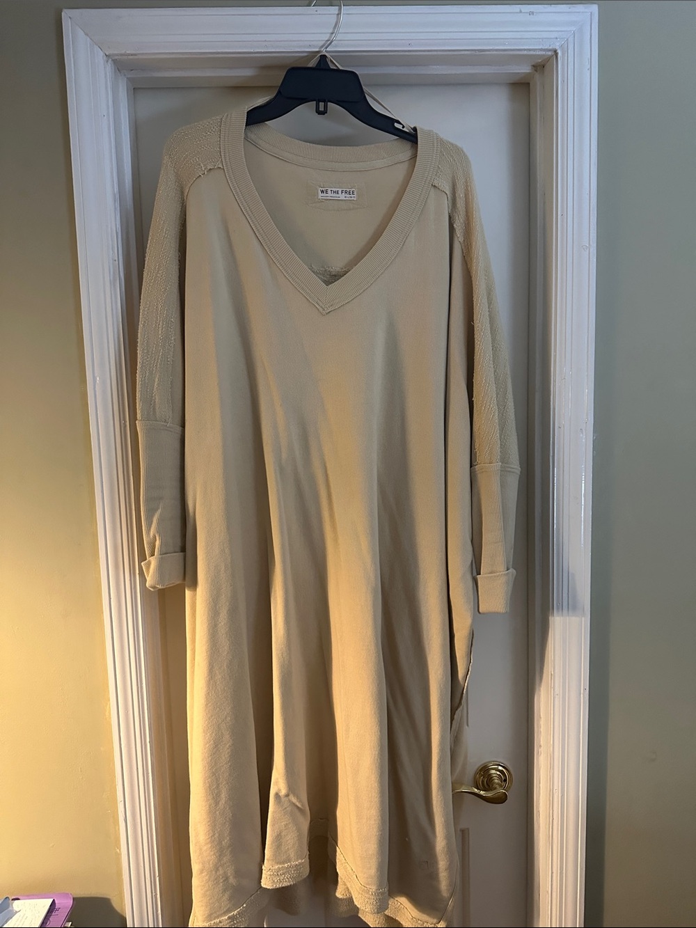 We The Free Beige V-Neck Long Sleeve Swing Dress
